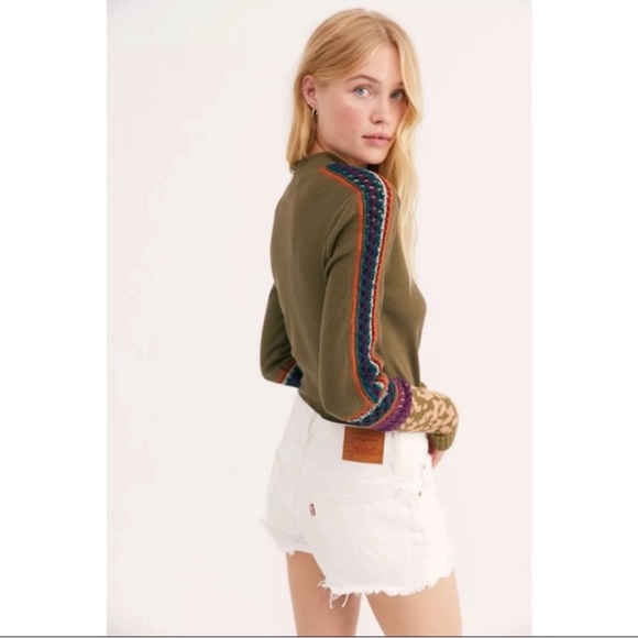 Free People Olive Green Switch It Up Crochet Trim Long Sleeve Thermal Top Large - Picture 7 of 16